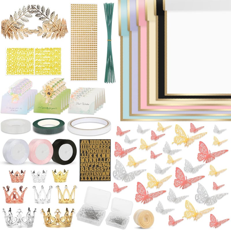 Besuper 260Pcs Flower Bouquet Wrapping Paper Kit, 60 Sheets Waterproof Paper, 36 Butterflies, 8 Crowns, 1 Headband, 4 Ribbons, 15 Cards, 100 Diamond Pins, 30 Floral Wire, 3 Stickers, 3 Tapes (6 Mix Colors) - Image 1
